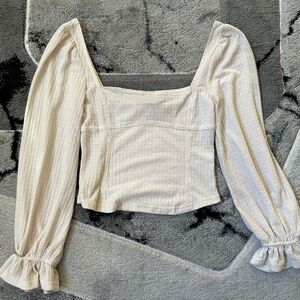Forever 21 Cream Textured Long Sleeve Crop Top